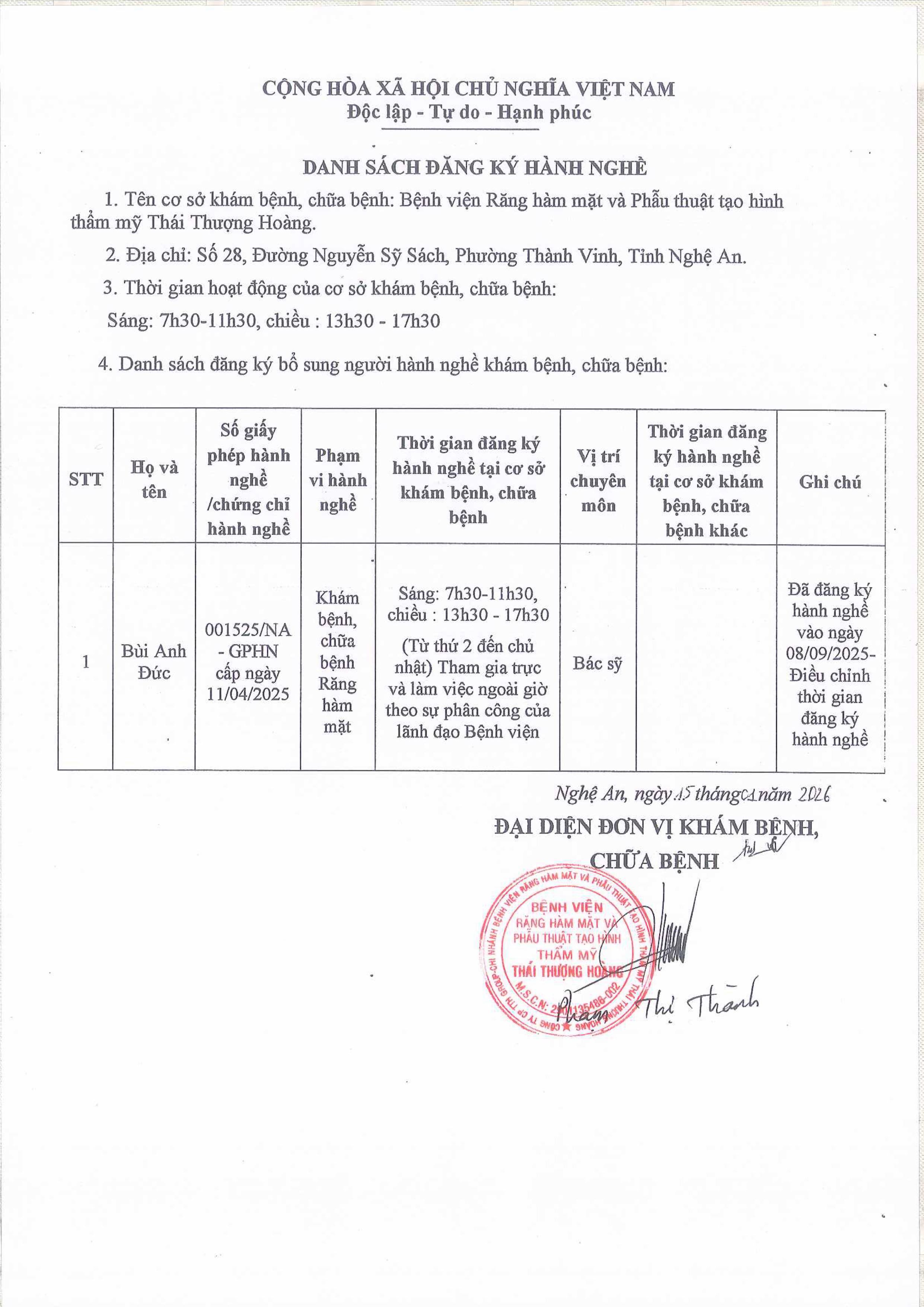 DANH SÁCH ĐĂNG KÝ HÀNH NGHỀ NGÀY 15 THÁNG 01 NĂM 2026