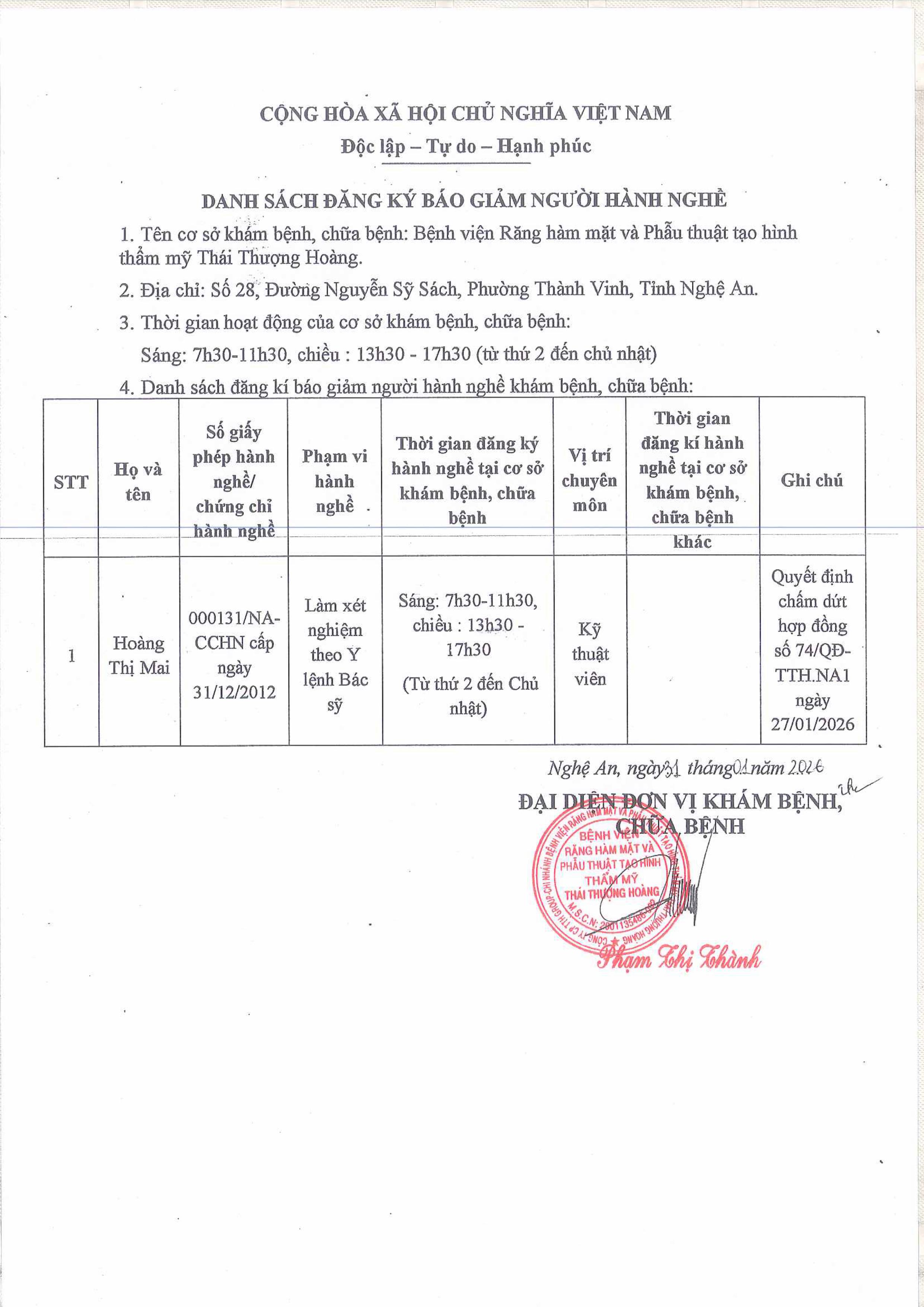 DANH SÁCH GIẢM HÀNH NGHỀ NGÀY  .31 THÁNG 01 NĂM 2026