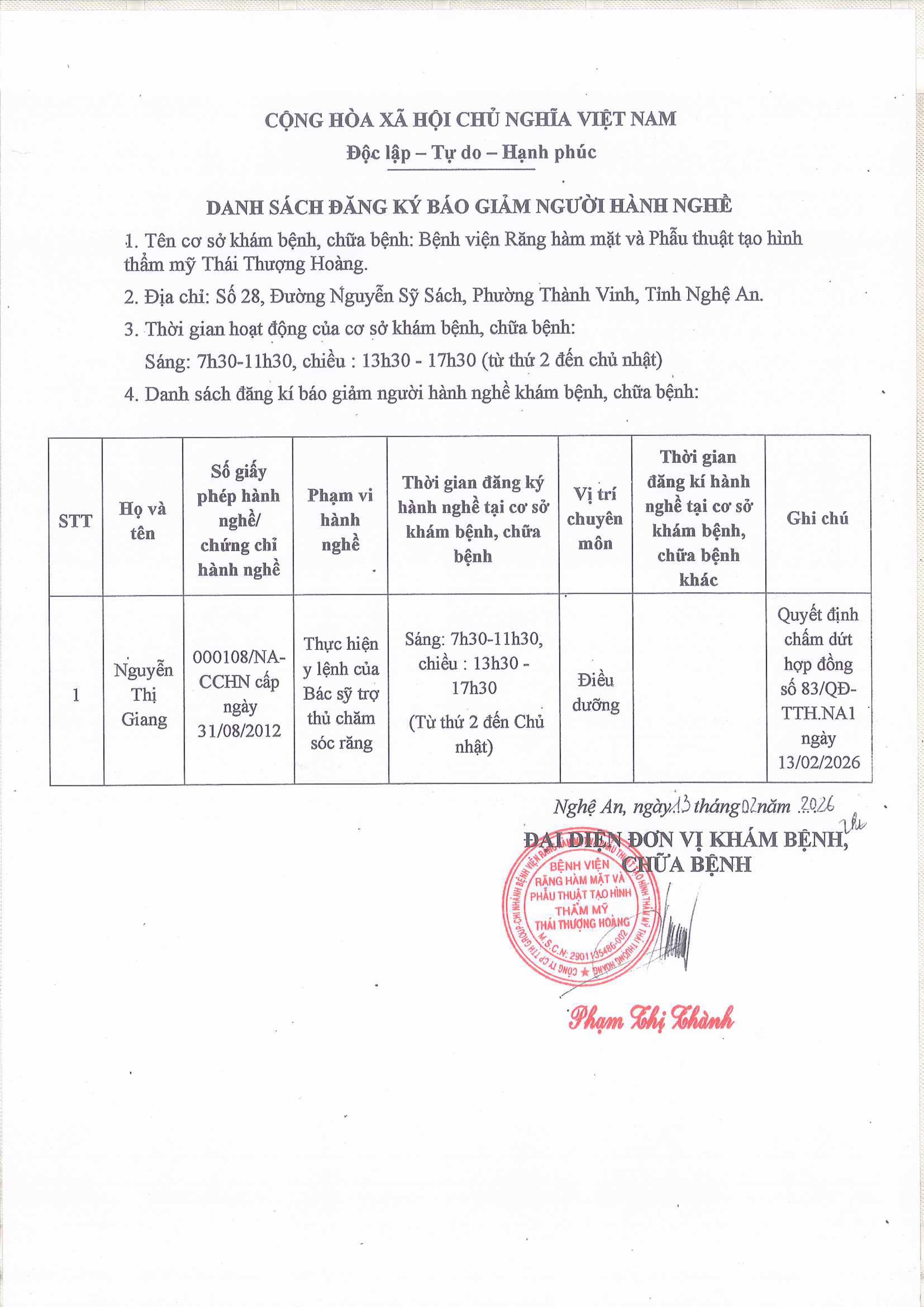 DANH SÁCH GIẢM HÀNH NGHỀ NGÀY  13 THÁNG 02 NĂM 2026