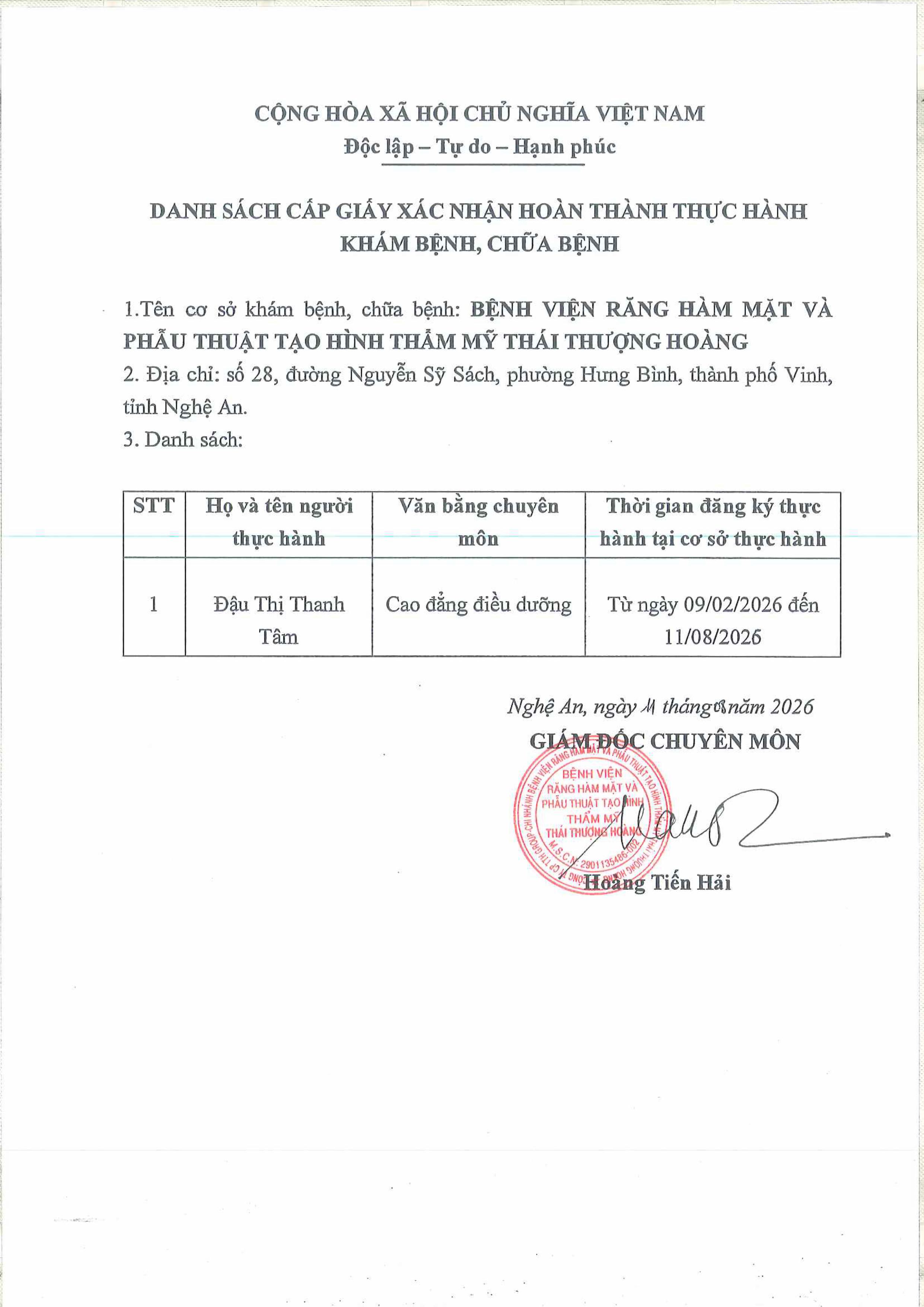 DANH SÁCH XÁC NHẬN HOÀN THÀNH QUÁ TRÌNH THỰC HÀNH
