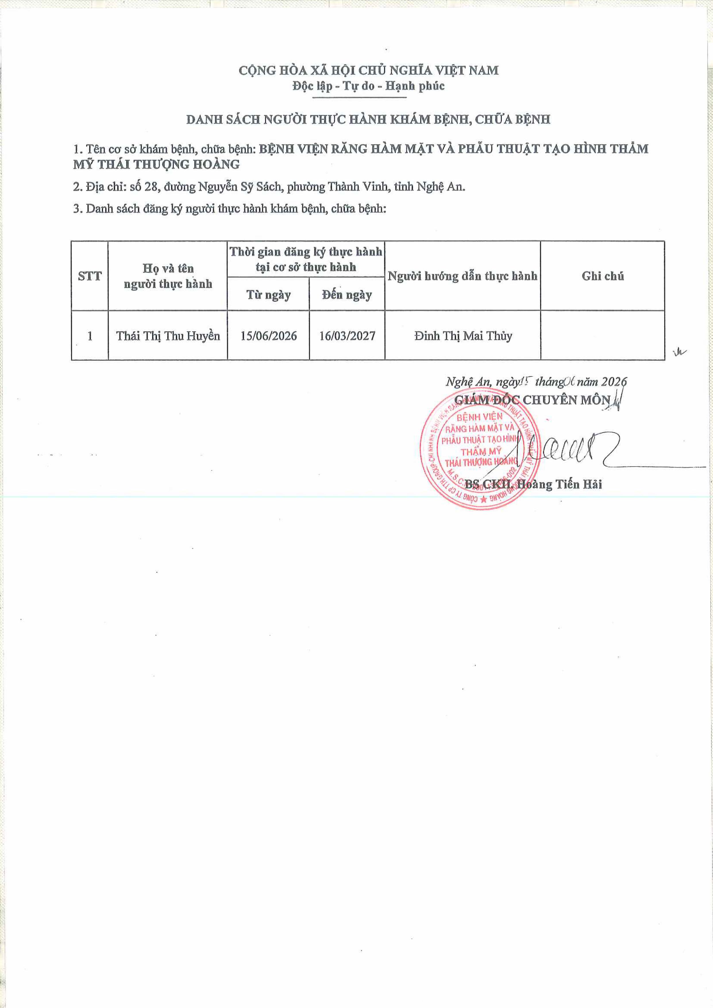 DANH SÁCH ĐĂNG KÝ THỰC HÀNH CHUYÊN MÔN THÁNG 6