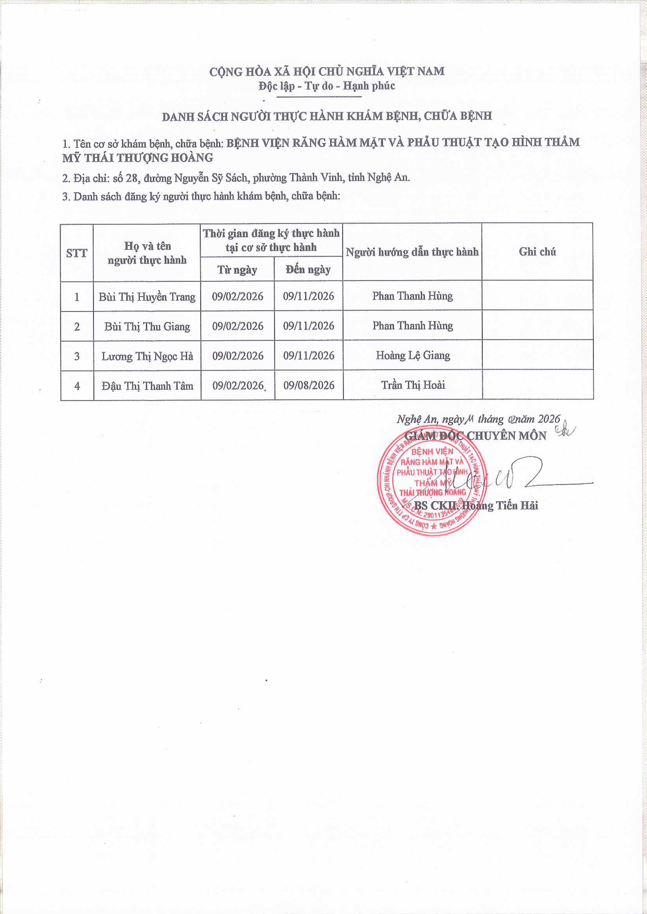 danh sách đăng ký thực hành tháng 2 năm 2026