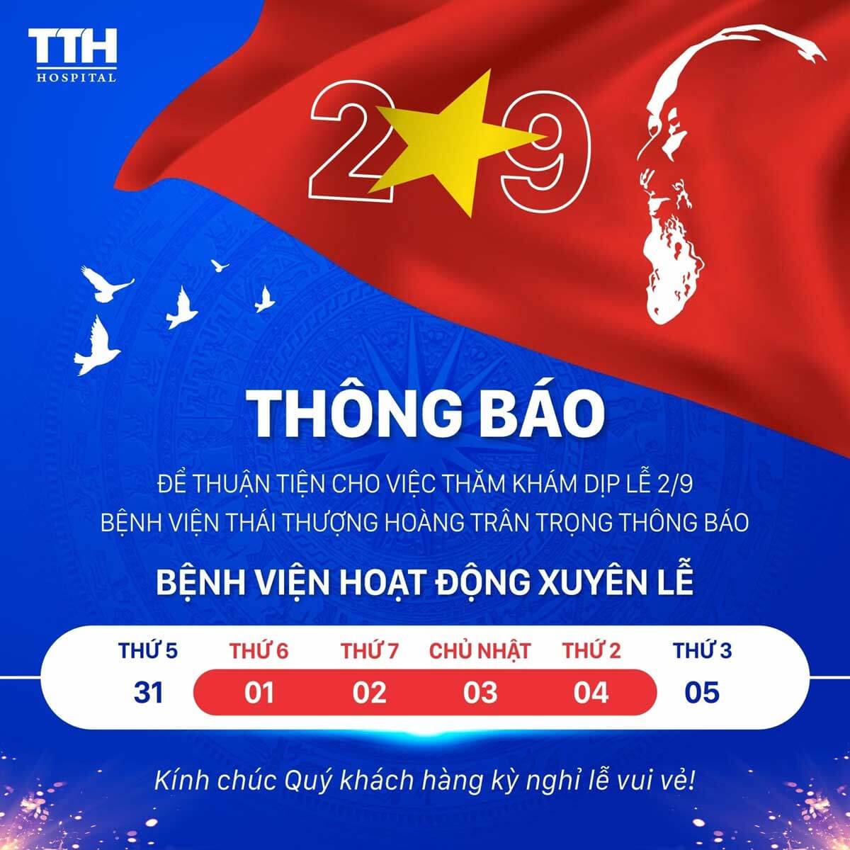 lịch làm việc ngày lễ 2-9 của bệnh viện Thái Thượng Hoàng